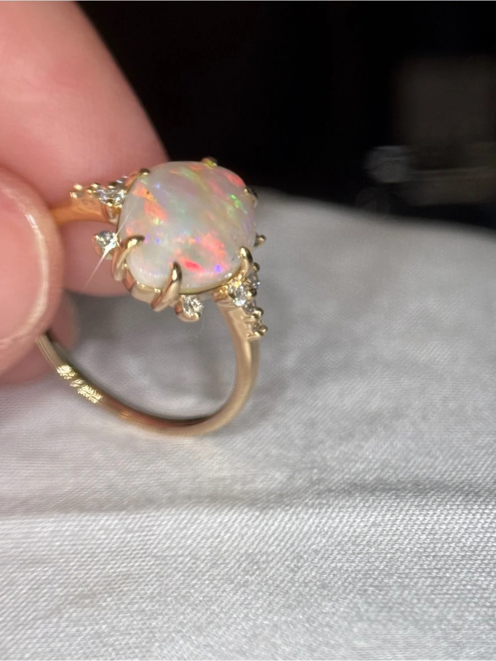 Australian Opal and Diamond Halo Ring in 14k Yellow Gold - Iridescent Opal - Picture 9 of 12